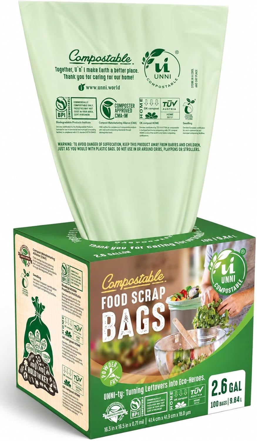 UNNI Compostable Trash Bags, 2.6 Gallon, 200 Count, Extra Thick 0.71 Mil | Small Compost Bags for Countertop Bin, Kitchen Food Scrap Liners, 2 Packs of 100, Certified by BPI & CMA, OK compost HOME