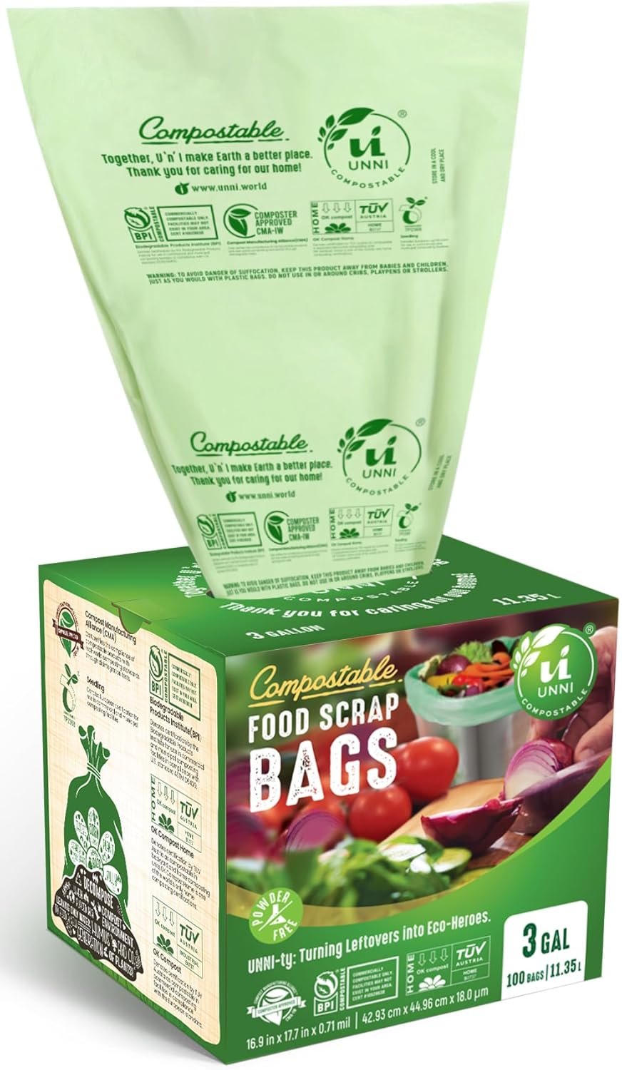 UNNI 3 Gallon Compost Bags for Countertop Bin, 200 CT, Extra Thick 0.71 Mil | Compostable Trash Bags for Kitchen Food Scraps, Small Bin Liners, 2 Packs of 100, Certified by BPI, CMA & OK compost HOME
