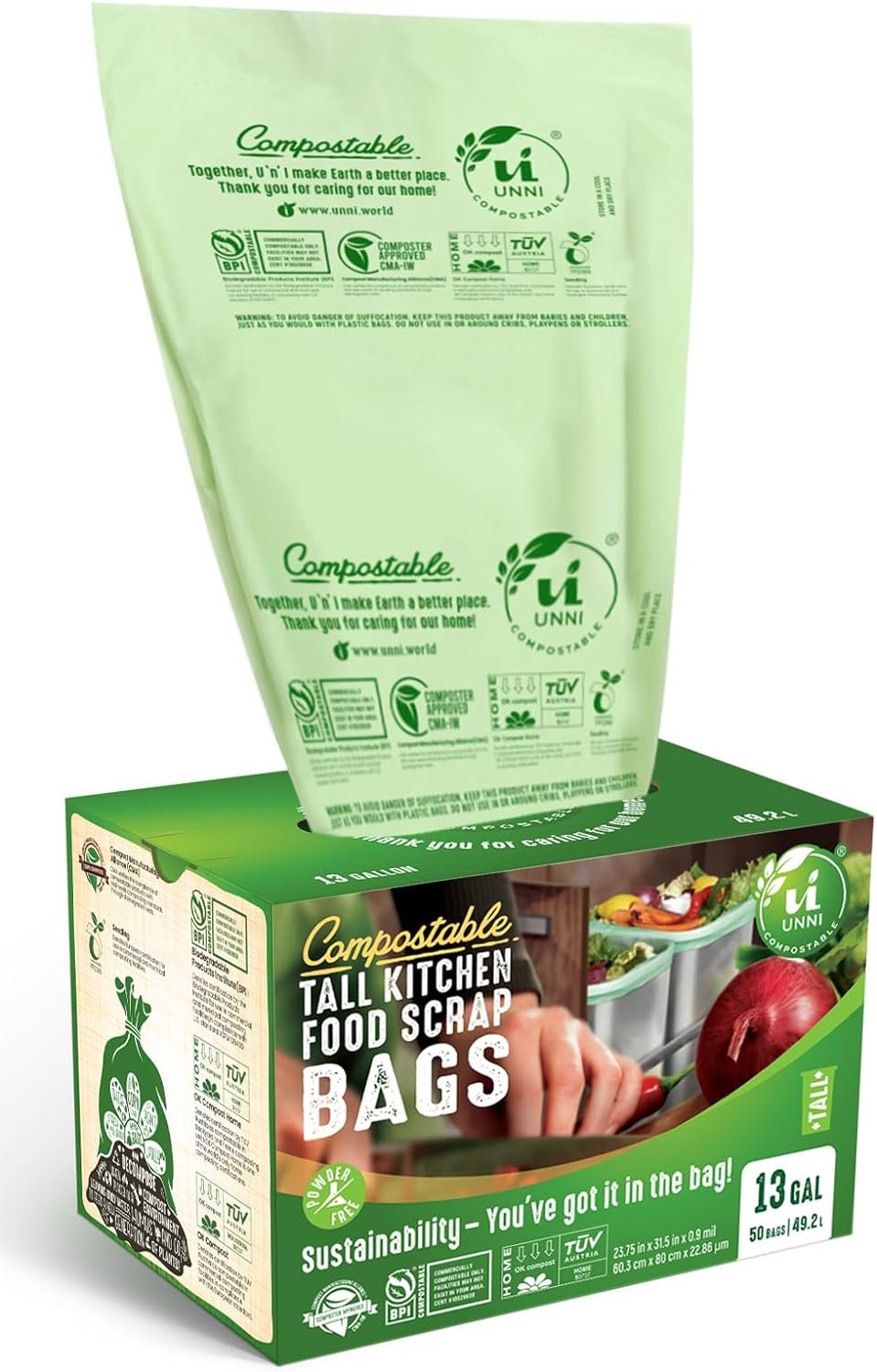 UNNI 13 Gallon Compostable Trash Bags, 200 Count, Extra Thick 0.9 Mil | Tall Kitchen Trash Bags, Compost Bags for Kitchen Food Scrap Bins, 4 Packs of 50, Certified by BPI, CMA & OK compost HOME