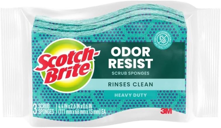 Scotch-Brite Odor Resist Heavy Duty Scrub Sponge, Dishwasher-Safe Kitchen sponges for Serious Scrubbing, Multipurpose Dish Sponge for Stuck-On Messes, 3 Scrubbing Sponges