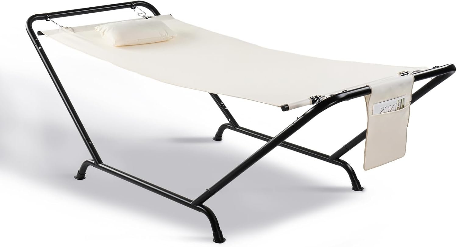 Freestanding Hammock with Stand, 600LBS Heavy Duty Outdoor Hammock, Cofy Outdoor Hammock with Stand, Hammock Bed for Yard, Deck, Patio, Hammock with Soft Pillow & Storage Bag (White)