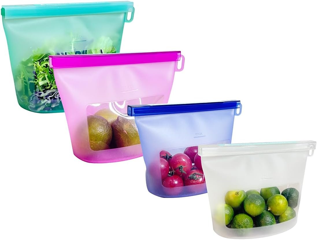 Reusable Silicone Food Storage Bags (Set of 4), Dishwasher Oven Microwave Freezer Safe, Eco-Friendly 100% Platinum, Leakproof Sous Vide Bags, Premium Lunch Containers, 2 Snack 2 Sandwich, Mixed