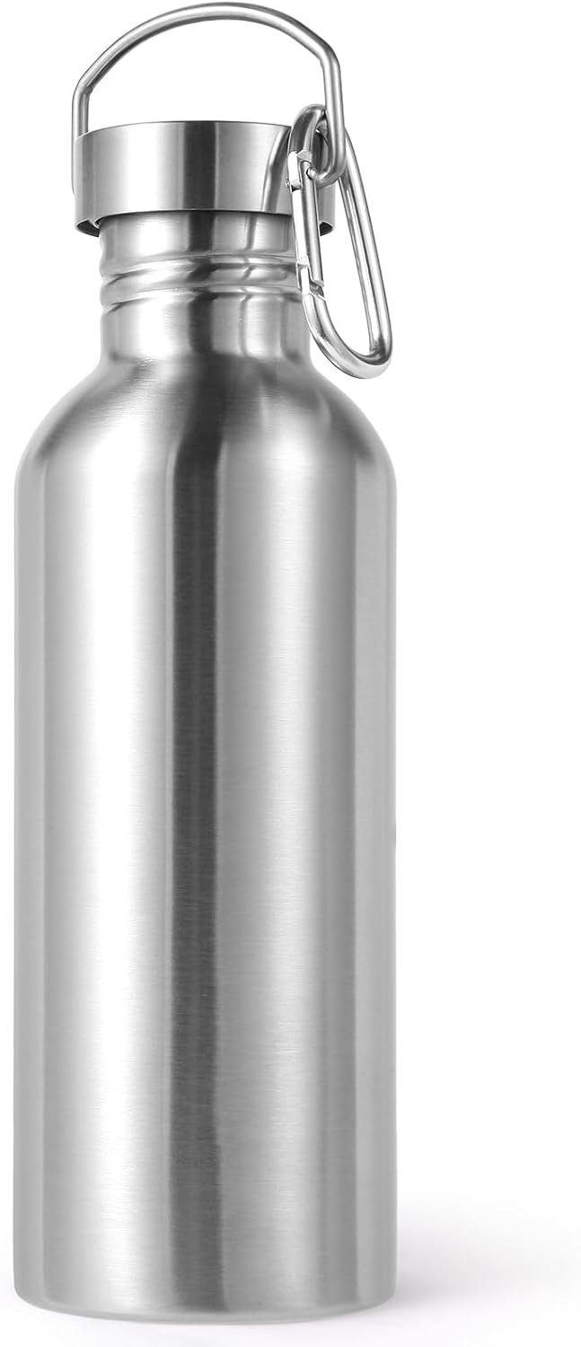 Volhoply 32oz Uninsulated Single Walled Water Bottle, Stainless Steel Sports Water Bottles with Handle, BPA Free Lightweight Water Bottles for Hiking, Biking, Running（Silver,1）