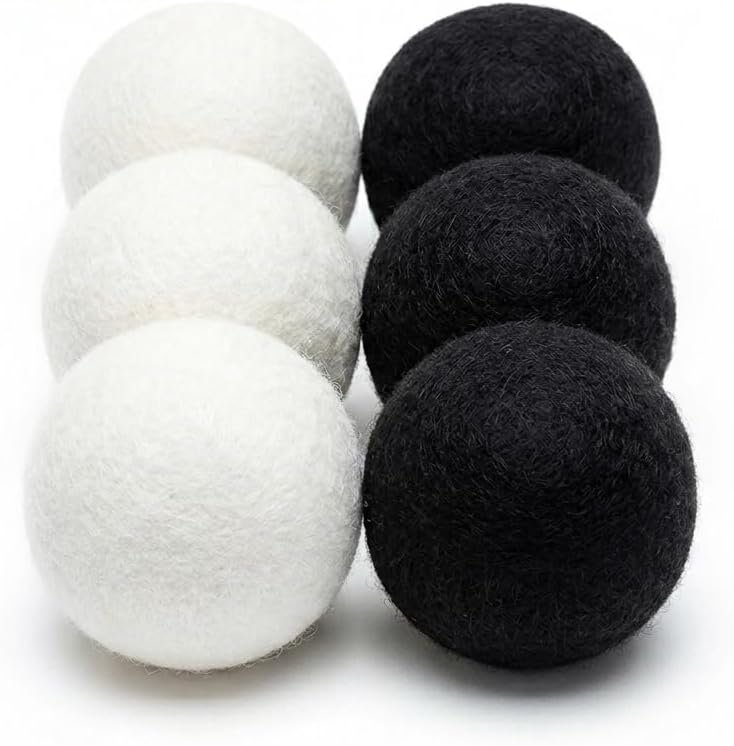 Wool Dryer Balls – 6 XL Organic New Zealand Wool Dryer Balls | Reduce Drying Time, Anti-Static & Wrinkle Reducing | Reusable Fabric Softener Alternative (White & Black Set)