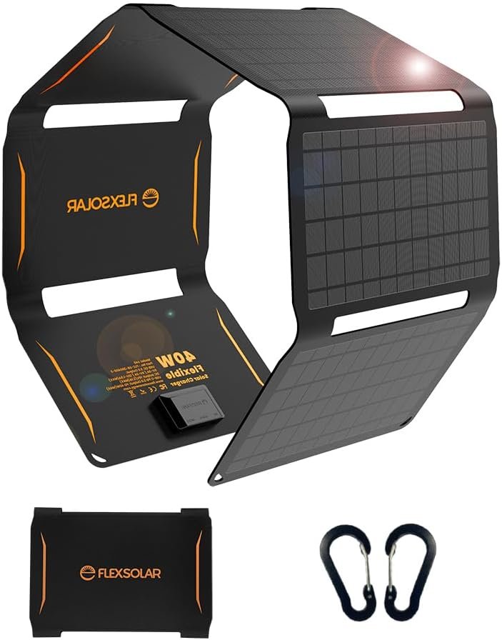 FlexSolar 40W Foldable Solar Panel Charger, USB-C USB-A & DC Outputs | Waterproof portable solar charger for camping, hiking, backpacking; works with phones, power banks and tablets