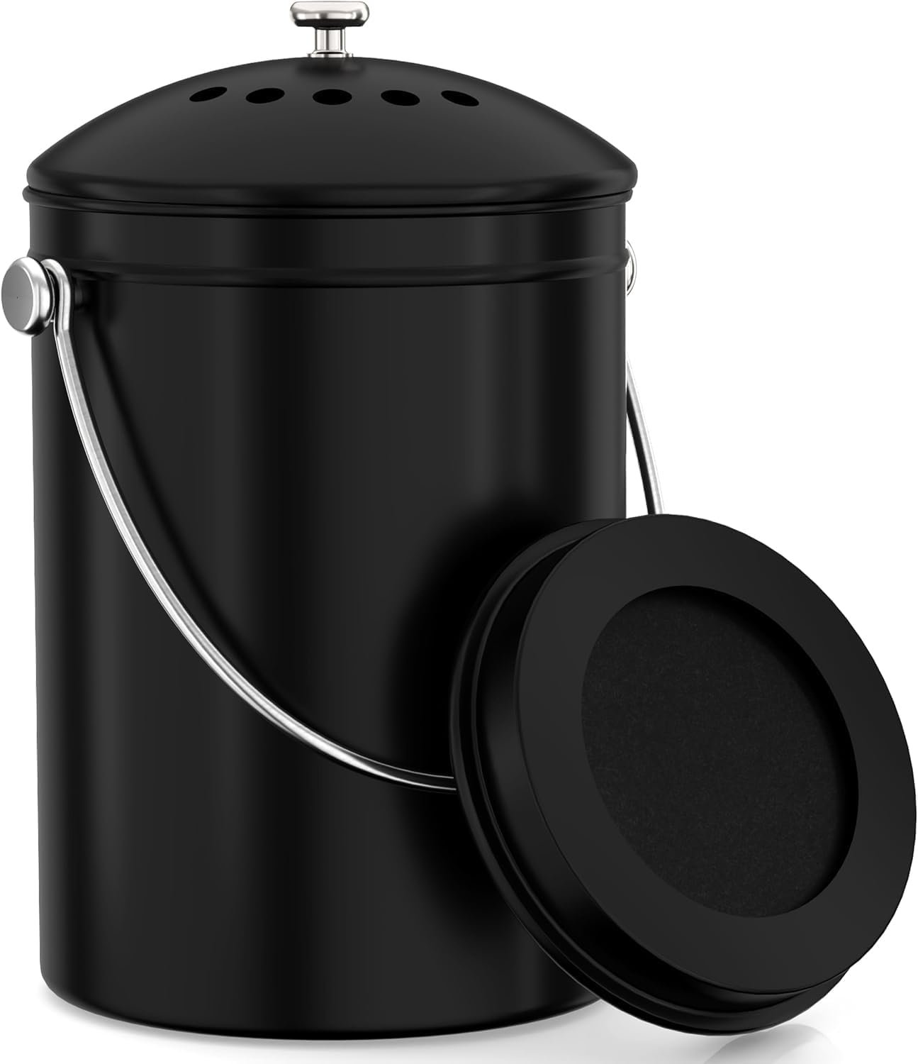 Utopia Kitchen Countertop Compost Bin 1.3 Gallon, Stainless Steel, Black | Odorless countertop compost bin with charcoal filter, ideal for food scraps and waste