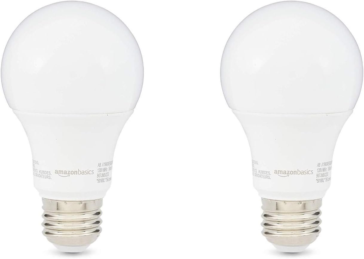 Amazon Basics A19 LED Light Bulbs, 60W Equivalent, 9W Energy Efficient, E26 Standard Base, Soft White 2700K, Non-Dimmable, 10,000 Hour Lifetime, Easy to Install, 2-Pack