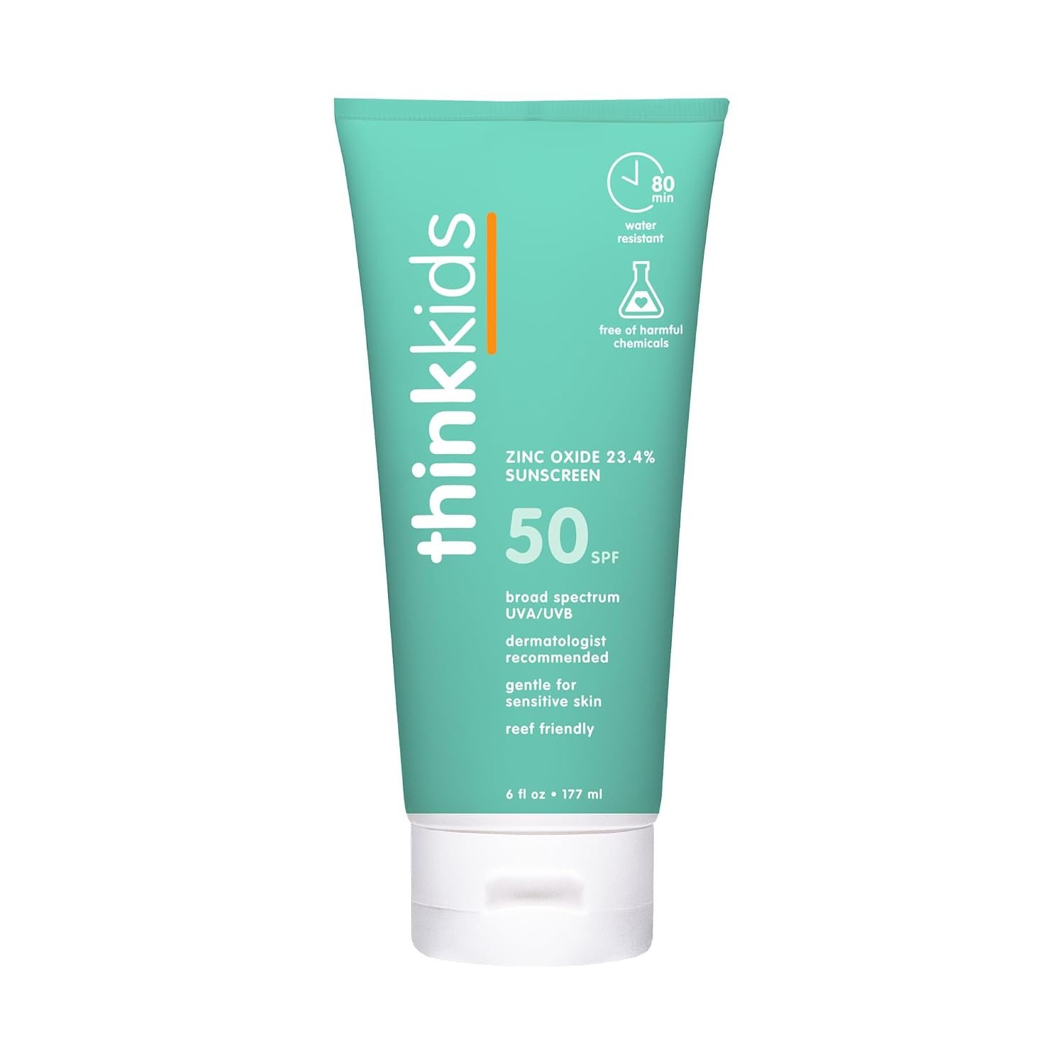 Thinkkids Kids Sunscreen SPF 50+, Mineral Formula, Water Resistant, 6 Fl Oz