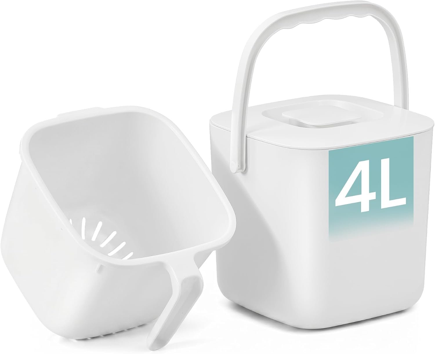 SONGMICS Kitchen Compost Bin, Plastic Countertop Food Waste Bucket with Strainer and Handle, Odor-Proof, 8.3 x 7.9 x 7.7 Inch, for Small Spaces, White, LEOS Collection ULTB214WZ01