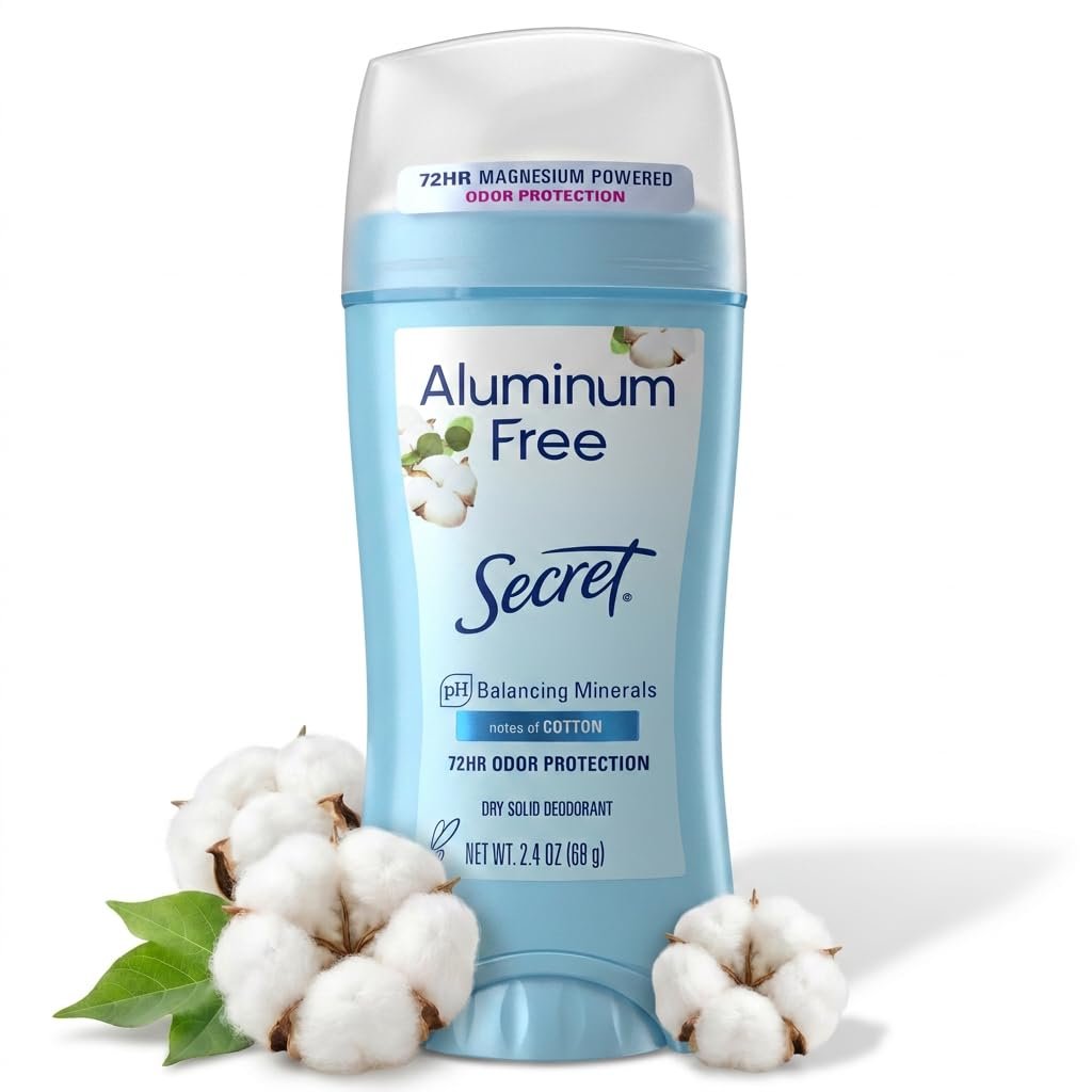 Secret Aluminum Free Deodorant for Women, 48hr Odor Protection, Free of Parabens Dyes Talc & Baking Soda, PH Balancing Minerals, Dry Solid, Cotton Scent, 2.4 oz