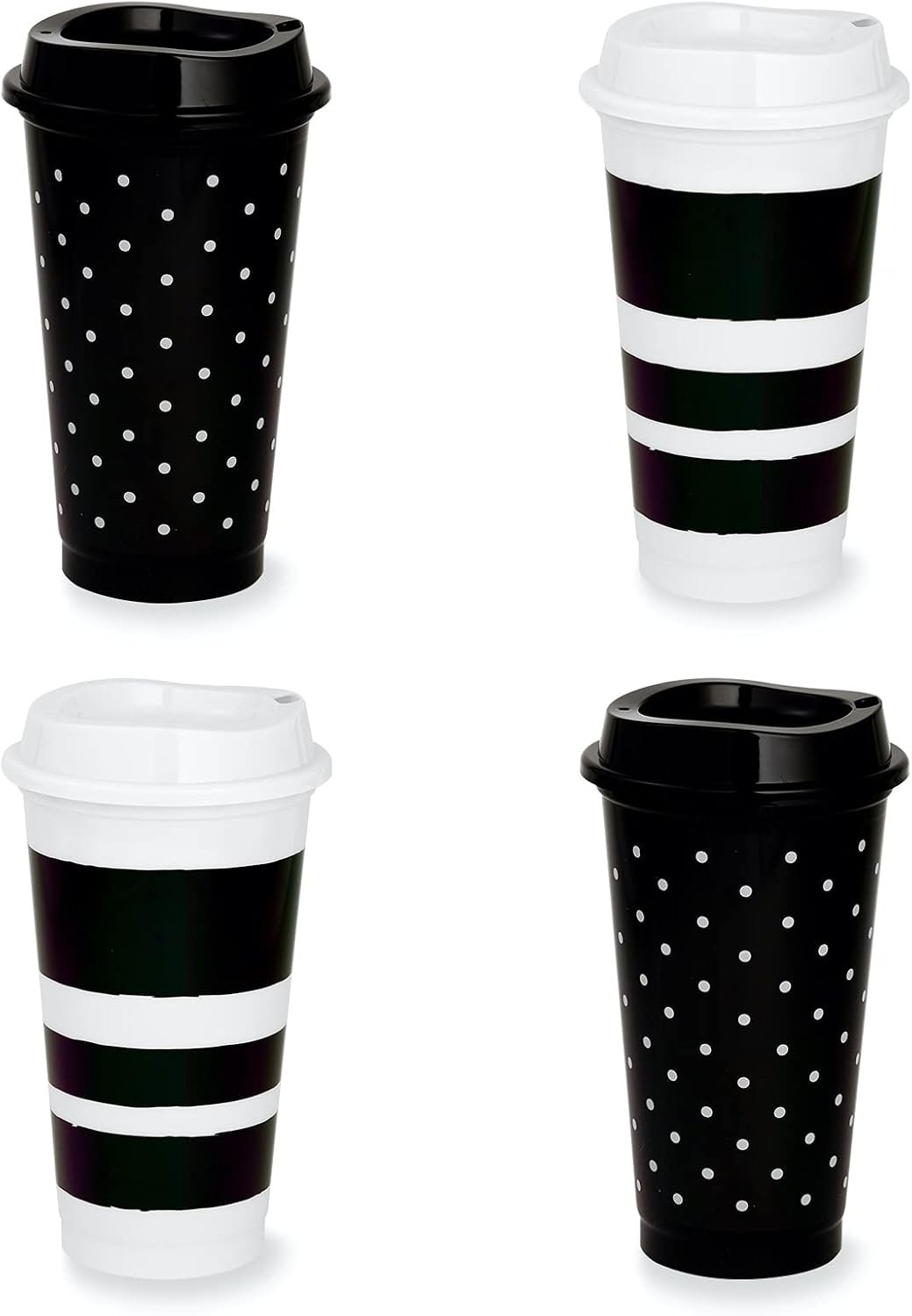kate spade new york Reusable 16 oz To-Go Cup Set of 4, Dots & Stripes | Black & White Plastic Coffee Cups with Lids, Travel Tumbler Set with Sipper Lids, Cupholder Friendly Mugs for On-the-Go