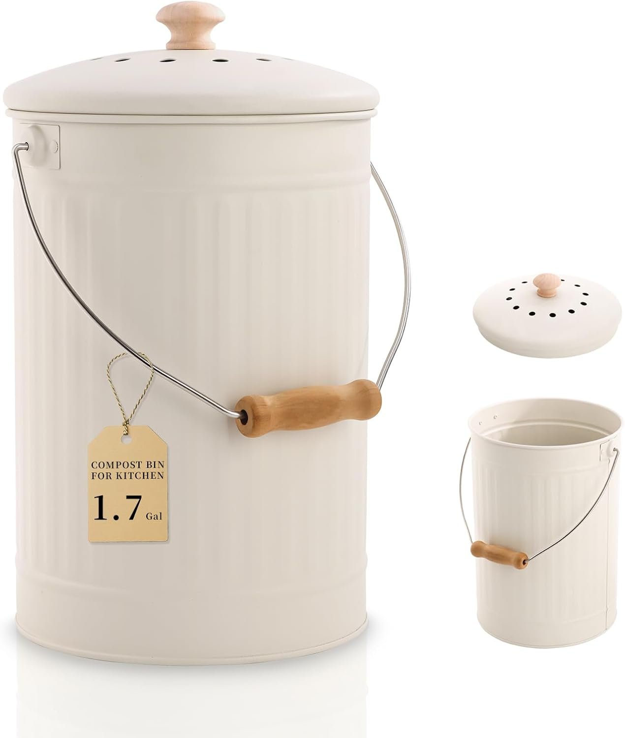 1.7 Gal Kitchen Compost Bin with Smell Proof Lid,Odorless Bin for Indoor Countertop,100% Rust Proof Compost Bucket with Non-Smell Charcoal Filter,Easy Cleaning and Looks Great On Any Kitchen Counter