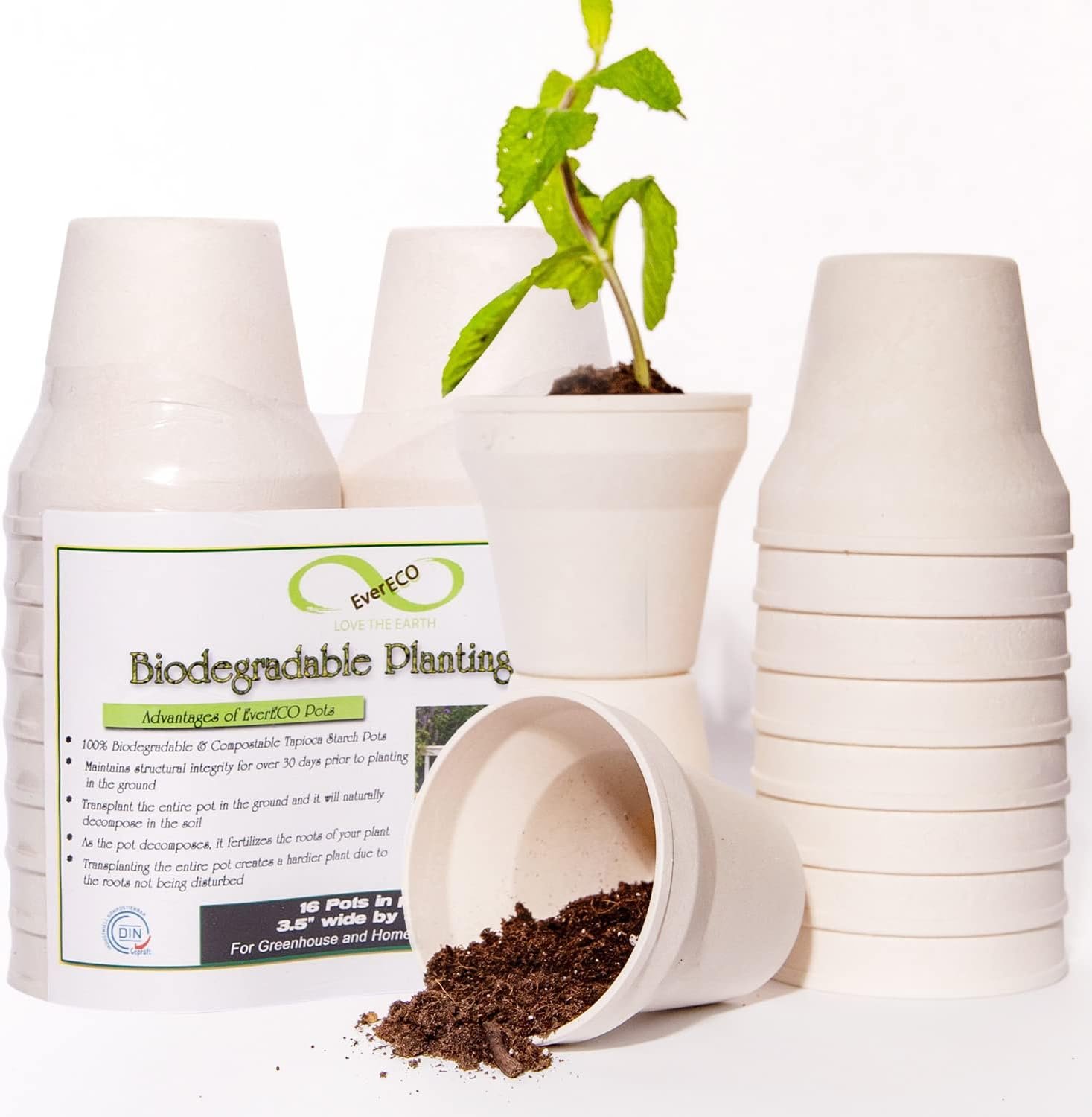 EverECO Americas 3.5″ Biodegradable Plant Pots (16 Pack): Eco-Friendly Seed Starter Kit with Tapioca Starch for Nutrient-Enriched Soil