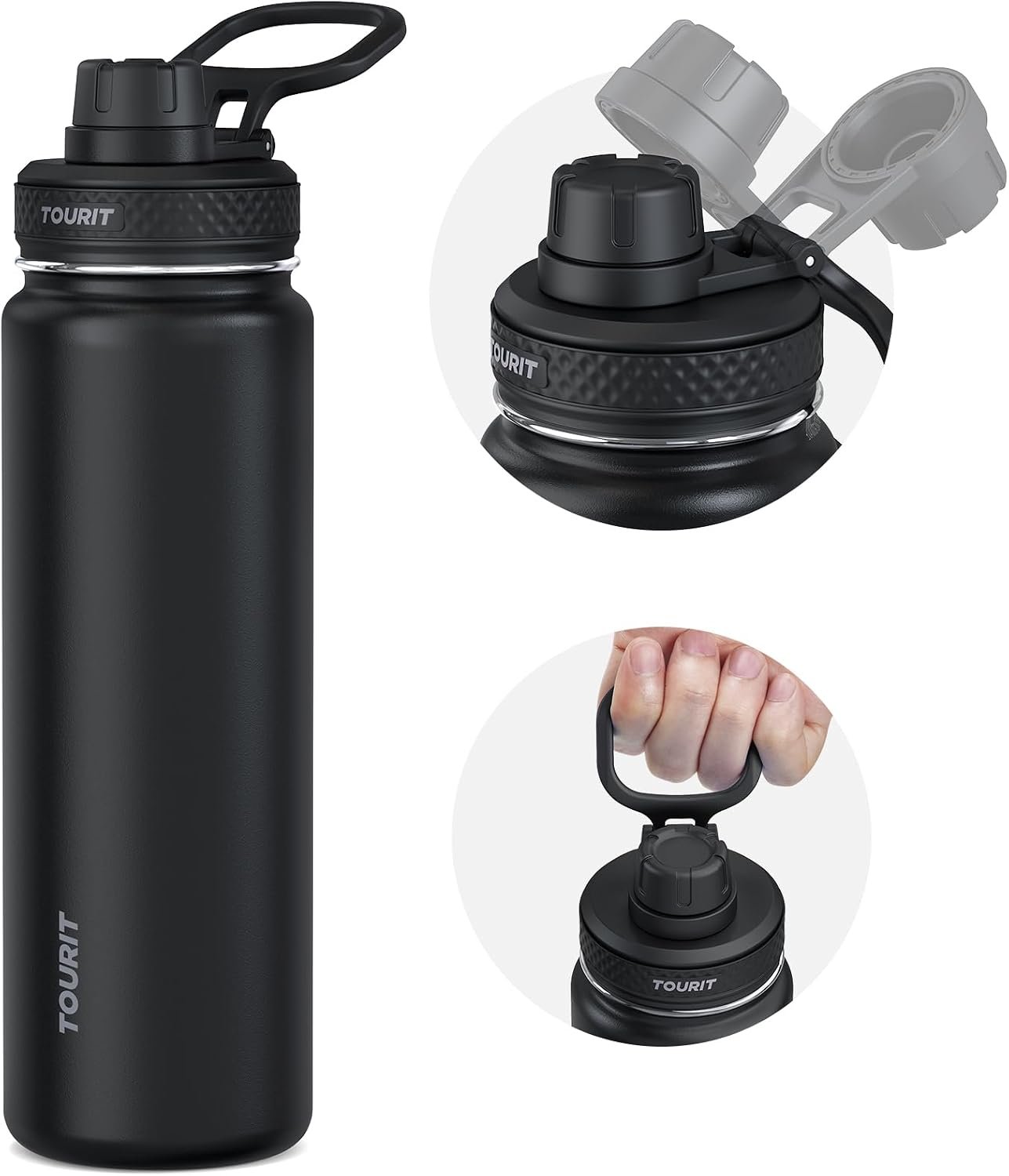 TOURIT 24 oz Insulated Stainless Steel Water Bottle, Black | Double-wall vacuum thermal flask with top handle, leakproof & BPA-free design for sports, gym, hiking & travel use
