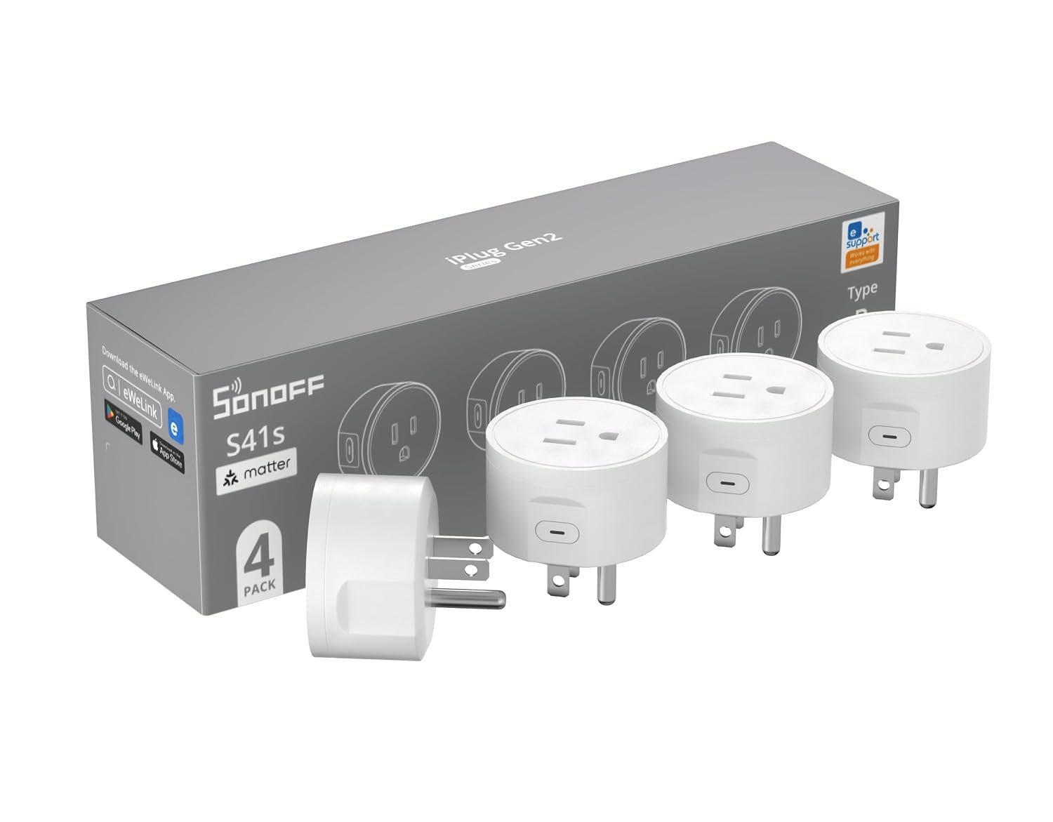 SONOFF Matter Smart Plug S41s 4-Pack, 15A 1800W WiFi Smart Plug Outlet, ETL Certified, Remote & Voice Control with Timer, Compatible with Alexa, Google Home, Apple HomeKit & SmartThings