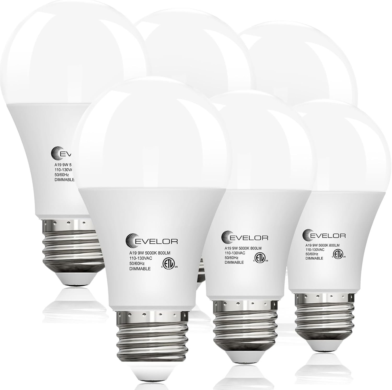 evelor 6 Pack LED Light Bulbs,60 Watt Equivalent Daylight 5000K,A19 | Dimmable,Efficient 9W,800 Lumens White E26 Base LED Bulbs,15000 Hours,Ideal for Bedroom Living Study Room