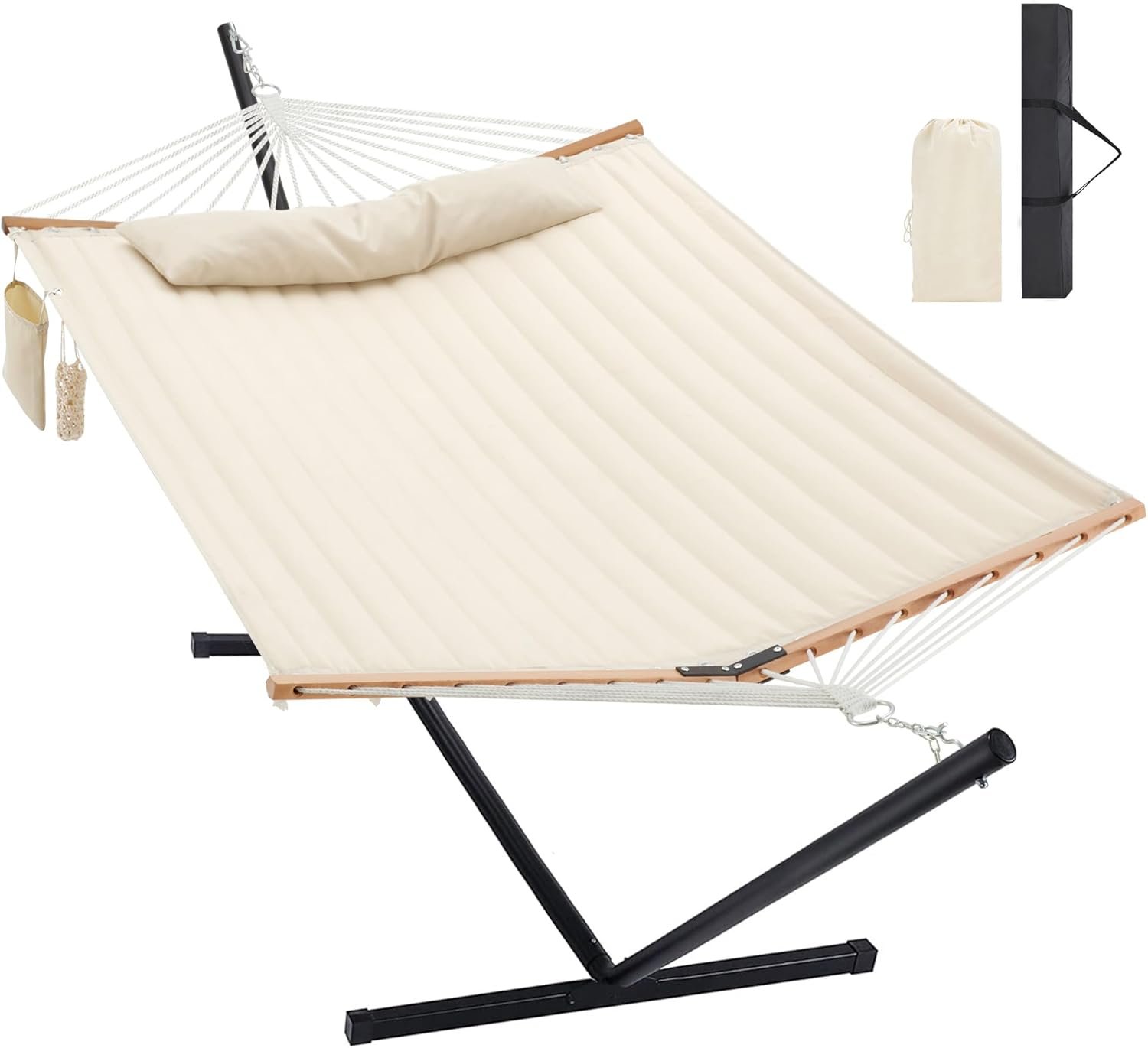 Homgava Two Person Hammock with Stand for Outside, Off White | Heavy Duty Outdoor Patio Hammock with Portable Steel Stand, Large Double Hammocks,480lbs Capacity