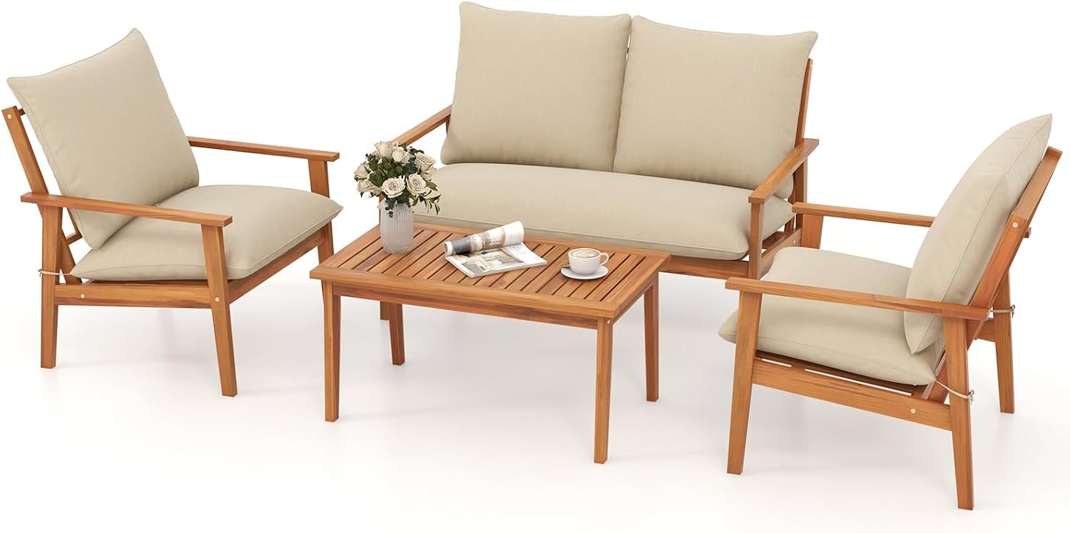 Tangkula 4 Pieces Patio Furniture Set, Outdoor Acacia Wood Conversation Set with Soft Cushions and Coffee Table, Outdoor Sectional Sofa Set for Lawn, Garden, Backyard and Poolside (1, Natural)