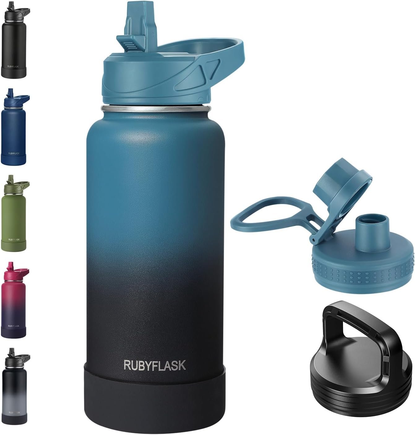 RUBYFLASK 32oz Insulated Water Bottle with Straw, Stainless Steel Metal Vacuum Water Flask, Large Thermal Water bottle with Leakproof 3 Lids for Travel, Camping, Gym Sports Indigo Black | 3 Lids, Wide Mouth, Metal Vacuum Leakproof Water Jug Flask and Handle, Large Thermal Cup with Silicone Boot, Indigoblack