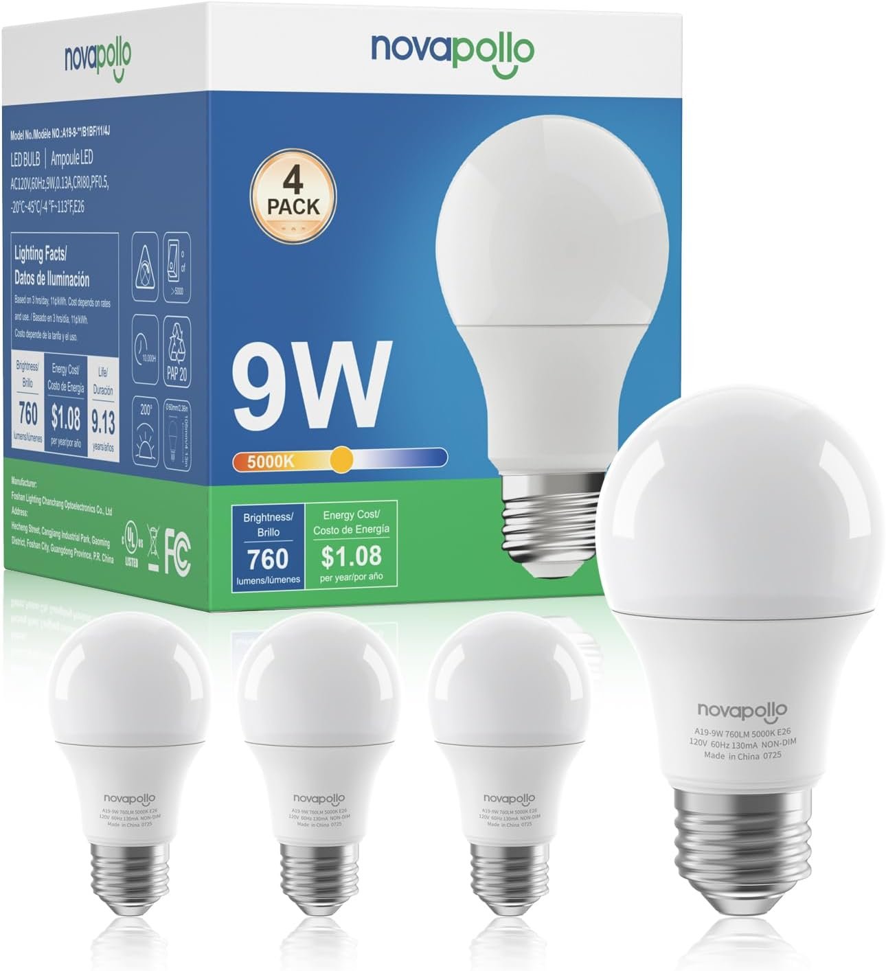 A19 LED Light Bulbs,60 Watt Equivalent LED Bulbs,Daylight White 5000K LED Lights for Bedroom,760LM Non-Dimmable,9W E26 LED Lights,4-Pack
