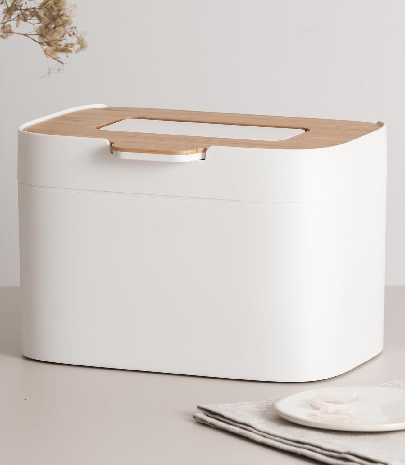KAZAI. Compost Bin Kitchen ‘Elin’ | 1.2 GAL / 4.5L Countertop Compost Bin with Wooden Lid & Filter | Odor-Free, Dishwasher Safe, with Inner Bucket | Small Indoor Kitchen Composter | Off-White/Bamboo