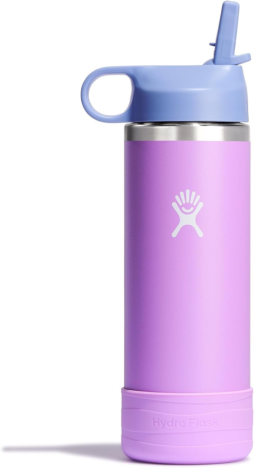Hydro Flask Kids Water Bottle for School – Stainless Steel and Insulated with Straw Cap – 18 Oz in Anemone Purple