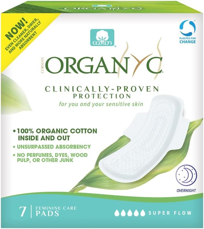 Organyc New and Improved 100% Certified Organic Cotton Inside and Out Overnight Feminine Pads, Heaviest Flow, Super Absorbency 2.0, 7 Count
