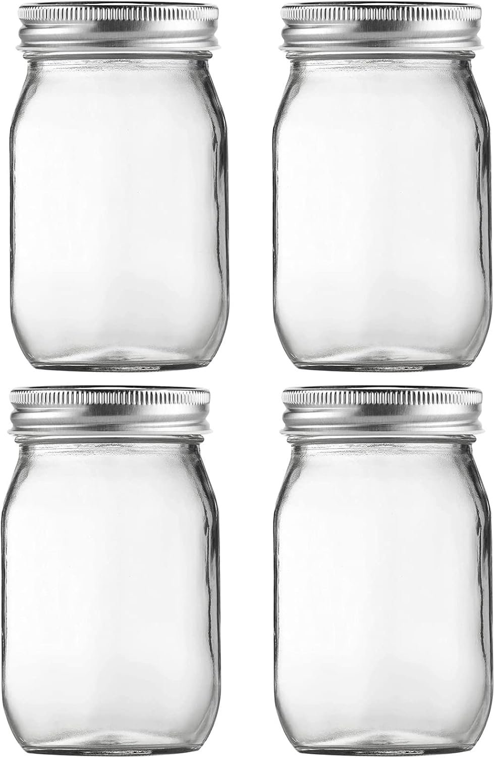 Glass Mason Jars, 16oz Regular Mouth Canning Jar with Airtight Lids, 4 Pack | Small Sealing Containers, Glass Jars, Durable Clear Glass Material, for Food Storage, Overnight Oats, Meal Prep, Candy