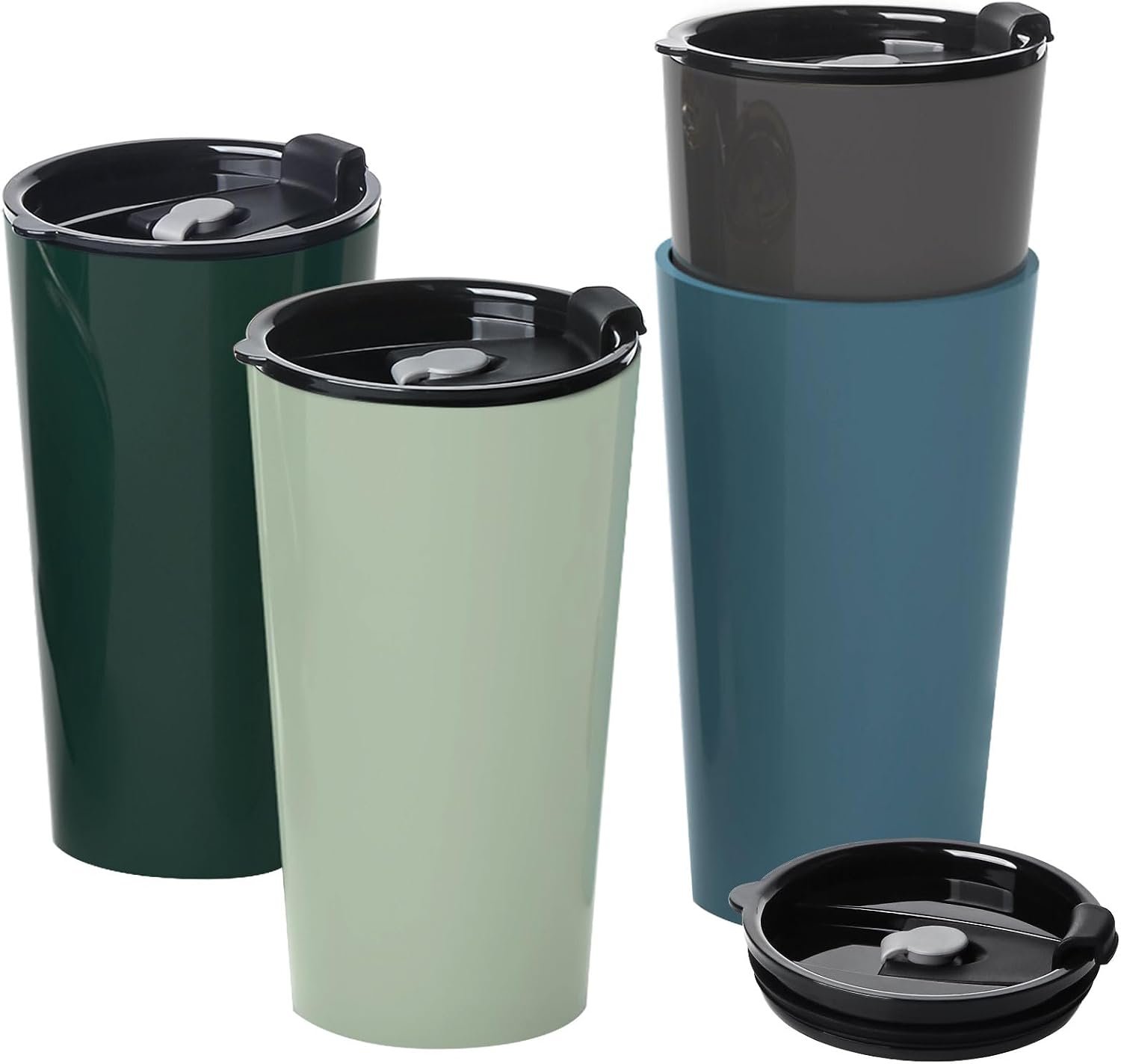 Greentainer 4 Pack Plastic Travel Coffee Mug Set, 20 oz Spill Proof Drinking Cups with Lids, Pobtable to Go Camping Coffee Tumbler Reusable Coffee Mugs with Lids, Dishwasher & Microwave Safe