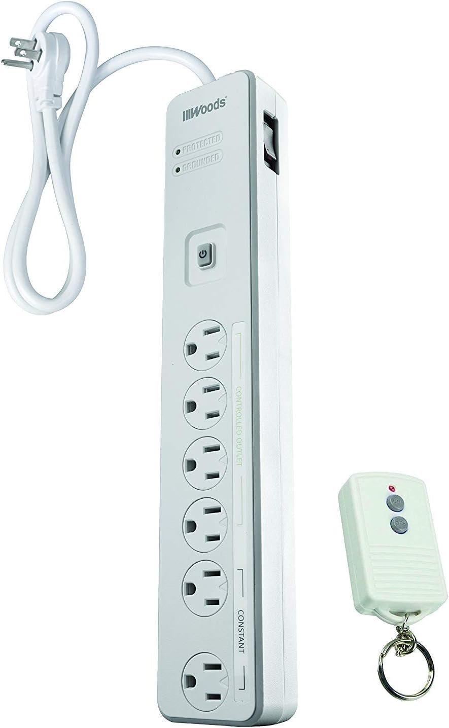 Southwire Woods Energy Saving Surge Protector Power Strip – 1080J Protection – 80 Foot Wireless Remote Control – 6 Outlets – White – 5 Foot Cord