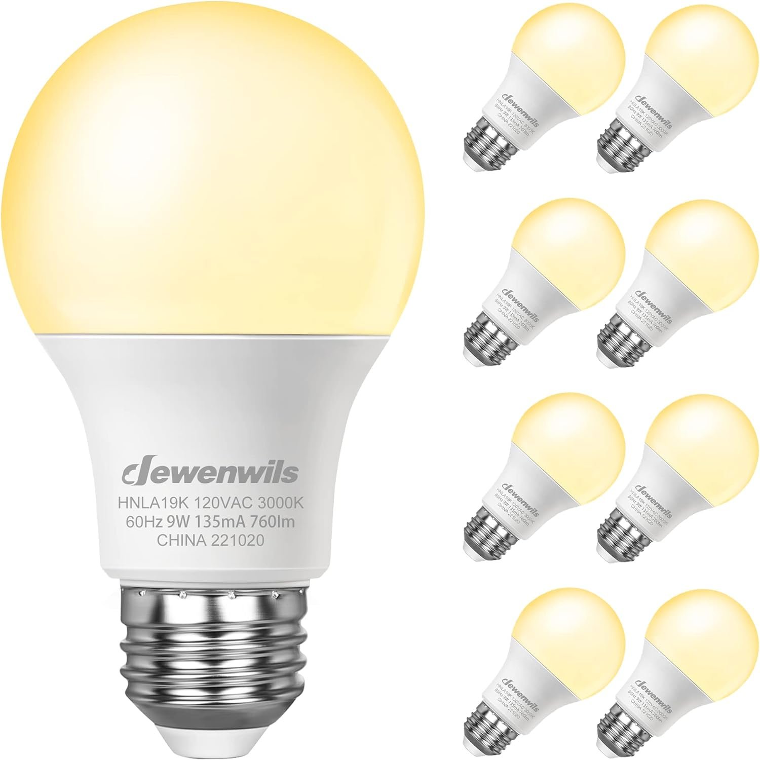 DEWENWILS 8-Pack A19 LED Light Bulbs, 760LM, 3000K Warm Light Bulbs, Energy Saving E26 LED Bulb 60 Watt, Non Dimmable Light Bulb, UL Listed | 760LM, Energy Saving, Non Dimmable Light Bulb for Bedroom, Living Room, Dining Room, Bathroom, Hallway, UL Listed