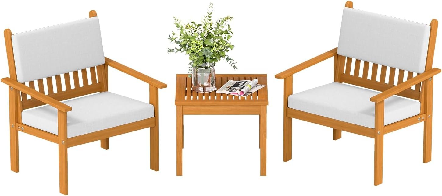 FDW 3-Piece Patio Furniture Set | Natural | Made of Acacia Wood | Outdoor Patio Furniture Set with Coffee Table | High Density Water-Resistant Cushions, Modern Design | For Porch, Garden