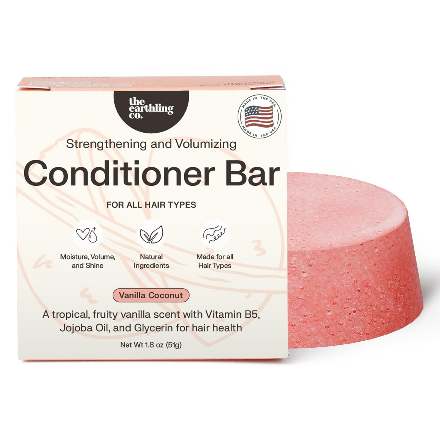 The Earthling Co. Volumizing Conditioner Bar For Thickening, Fullness, Strength, and Hair Growth – Sulfate, Silicone, Paraben Free for Thinning, Flat, Fine Hair – Made in USA (Vanilla Coconut, 1.8oz)