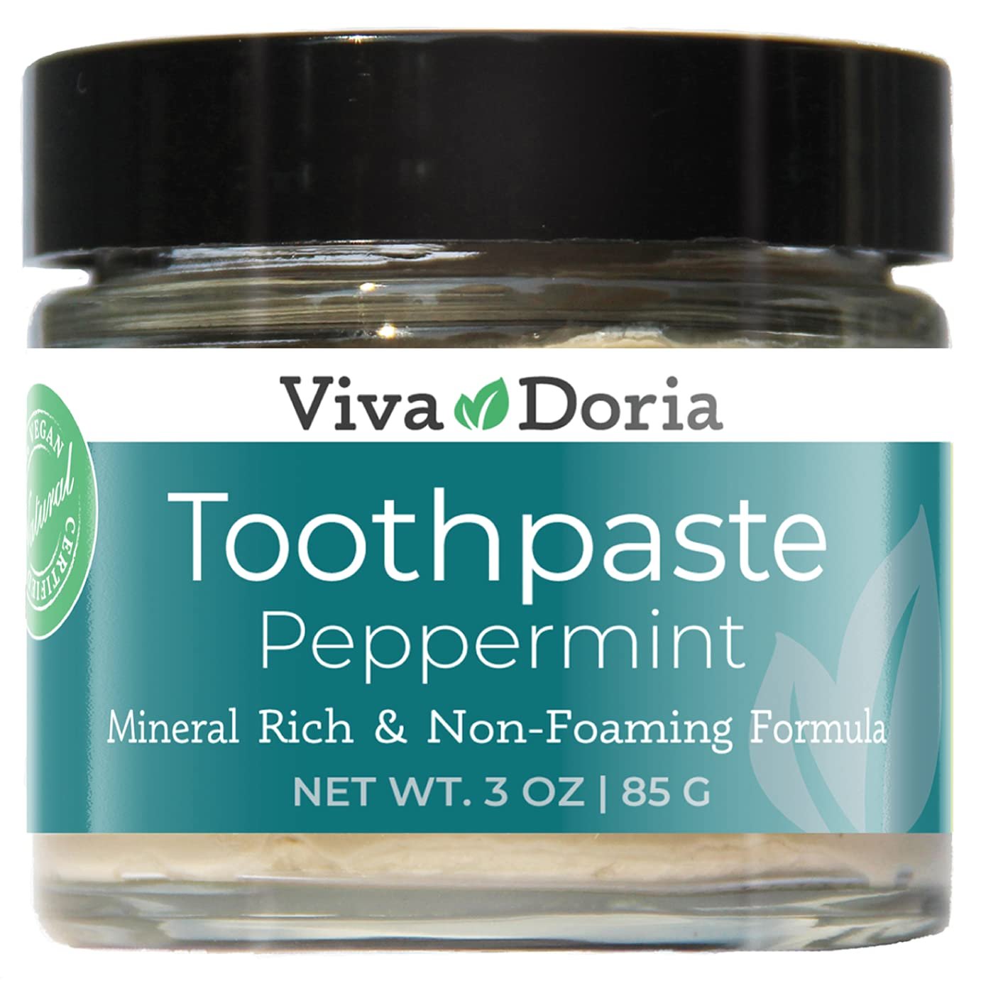 Viva Doria Fluoride Free Natural Toothpaste – Peppermint (3 oz Glass jar) Refreshes Mouth, Freshens Breath, Keeps Teeth and Gum Healthy
