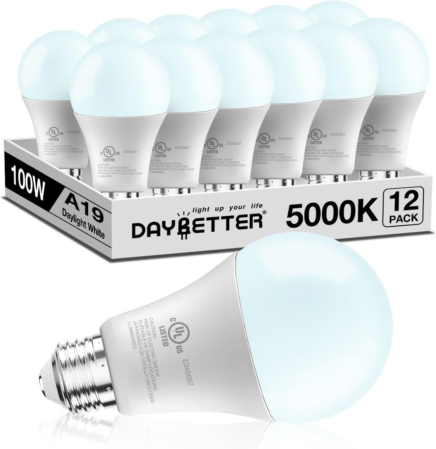 DAYBETTER LED Light Bulbs, A19 5000K Daylight Light Bulbs 100 Watt Equivalent, 1500LM Bright White Light Bulbs, E26 Standard Base, Non-Dimmable, 15 Watt Lightbulbs for Home Office, 12 Pack