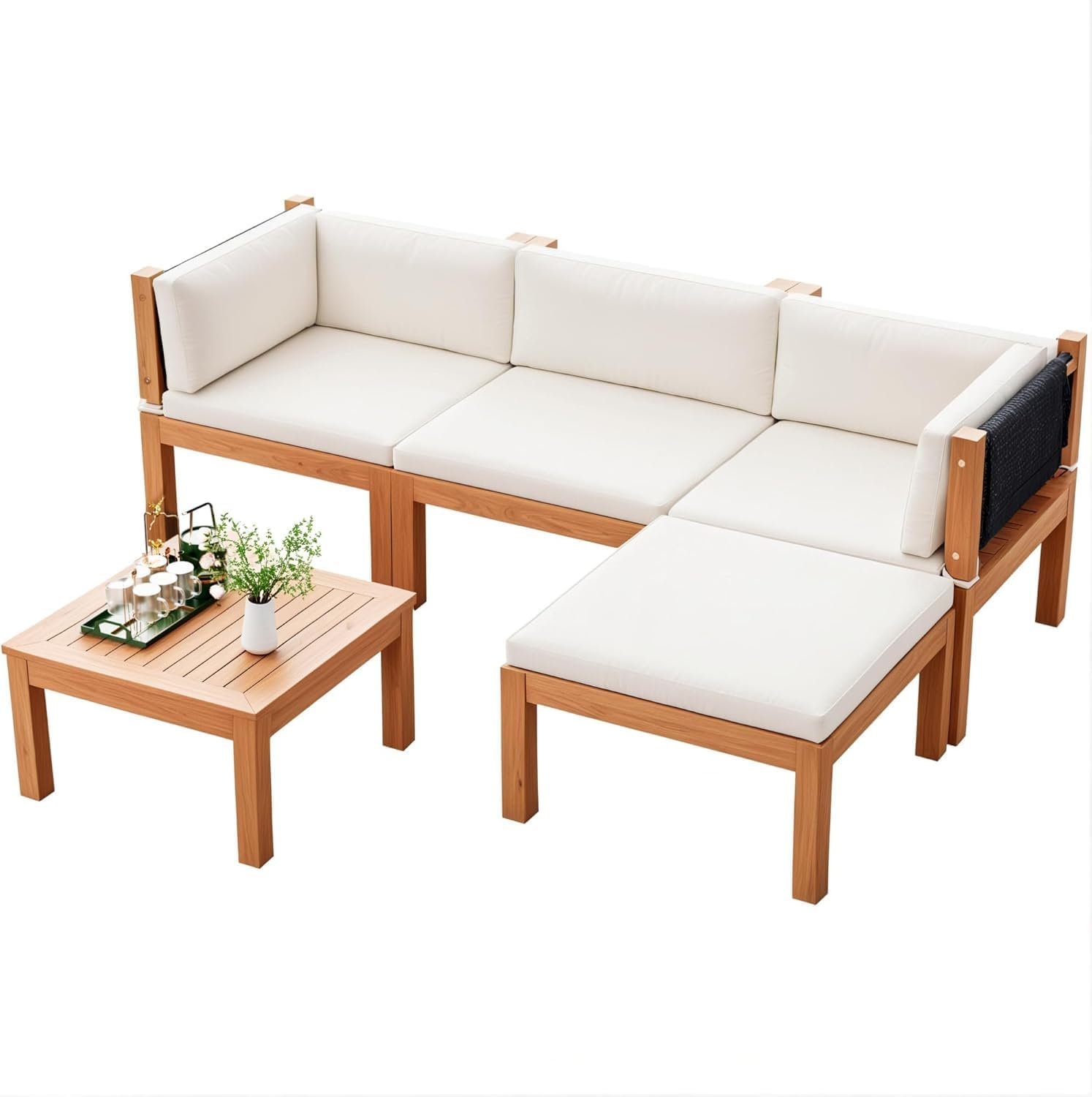 Devoko 5 Pcs Acacia Wood Small Patio Sectional Coach Sofa 81” L x 54”W | Outdoor L-Shaped Sofa with Coffee Table for 1-3 People for Patio,Deck,Backyard