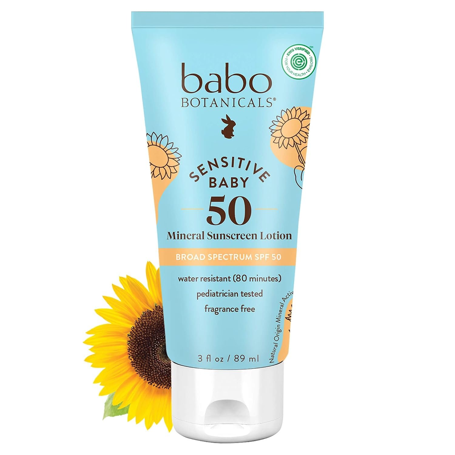 Babo Botanicals Sensitive Baby Mineral Sunscreen Lotion SPF50 – Natural Zinc Oxide – Face & Body – Fragrance-Free – Water-Resistant – EWG Verified – Vegan – Extra Sensitive Skin – For Babies & Kids