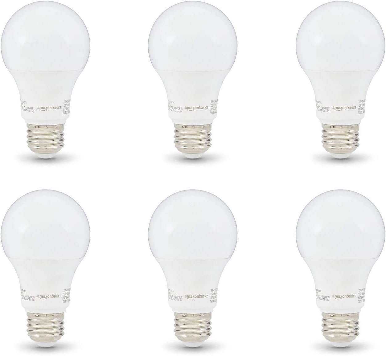 Amazon Basics Non-Dimmable LED Light Bulbs, Great Brightness, 40W Equivalent, 6W, E26 Standard Base, 2700K, 10,000 Hour Lifetime, Soft White A19, 6-Pack