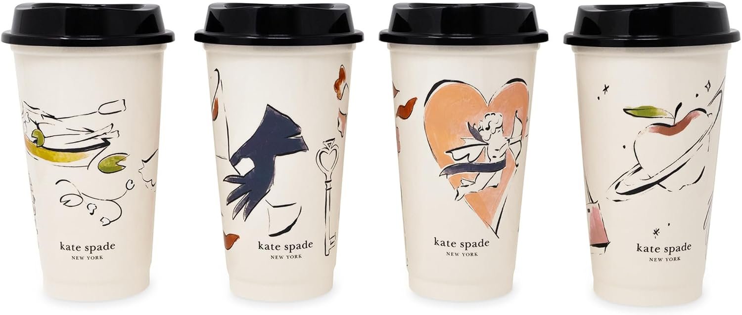 kate spade new york Reusable 16 oz To-Go Cup Set of 4, New York Dream | Icon Design Plastic Coffee Cups with Lids, Travel Tumbler Set with Sipper Lids, Cupholder Friendly Mugs for On-the-Go