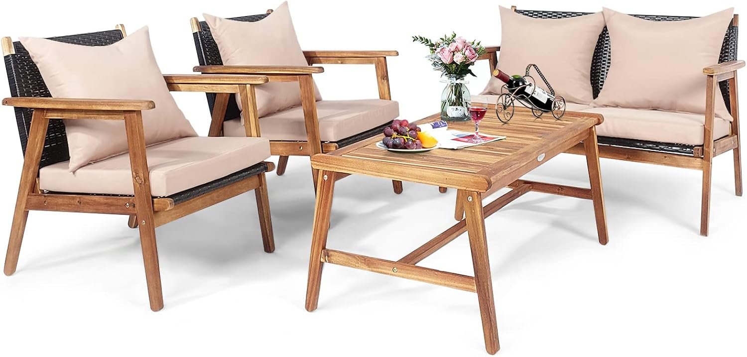 COSTWAY 4 Pieces Acacia Wood Patio Conversation Set, Outdoor Wicker Sofa with Coffee Table & Cushions, Patio Rattan Furniture Set for Yard, Porch, Poolside, Balcony, Backyard, Beige