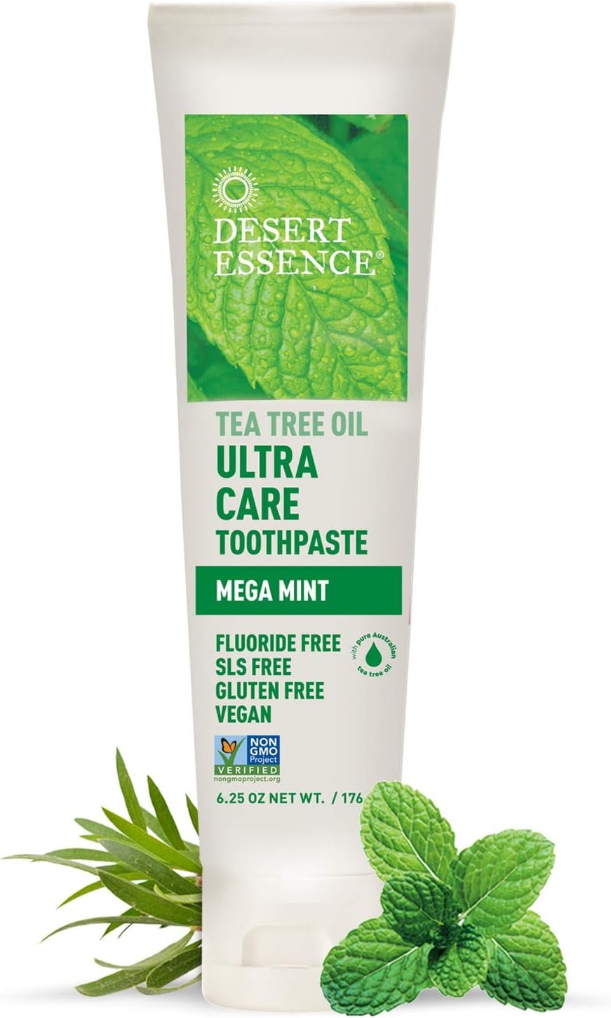 Desert Essence Ultra Care Toothpaste, Mega Mint, Fluoride Free, 6.25 oz | Australian tea tree oil, baking soda and sea salt help clean teeth while peppermint and spearmint oils freshen breath