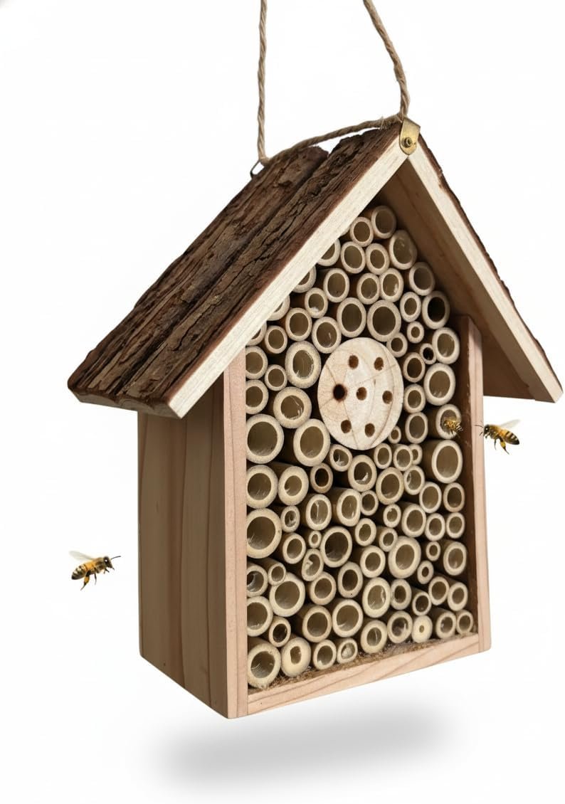 Redwood Mason Bee House – Solitary Bee Hotel & Wooden Pollinator House | Leafcutter Bee Hive with Easy-Hang Jute Rope | Weatherproof Insect Hotel & Outdoor Garden Decor for Pollinators