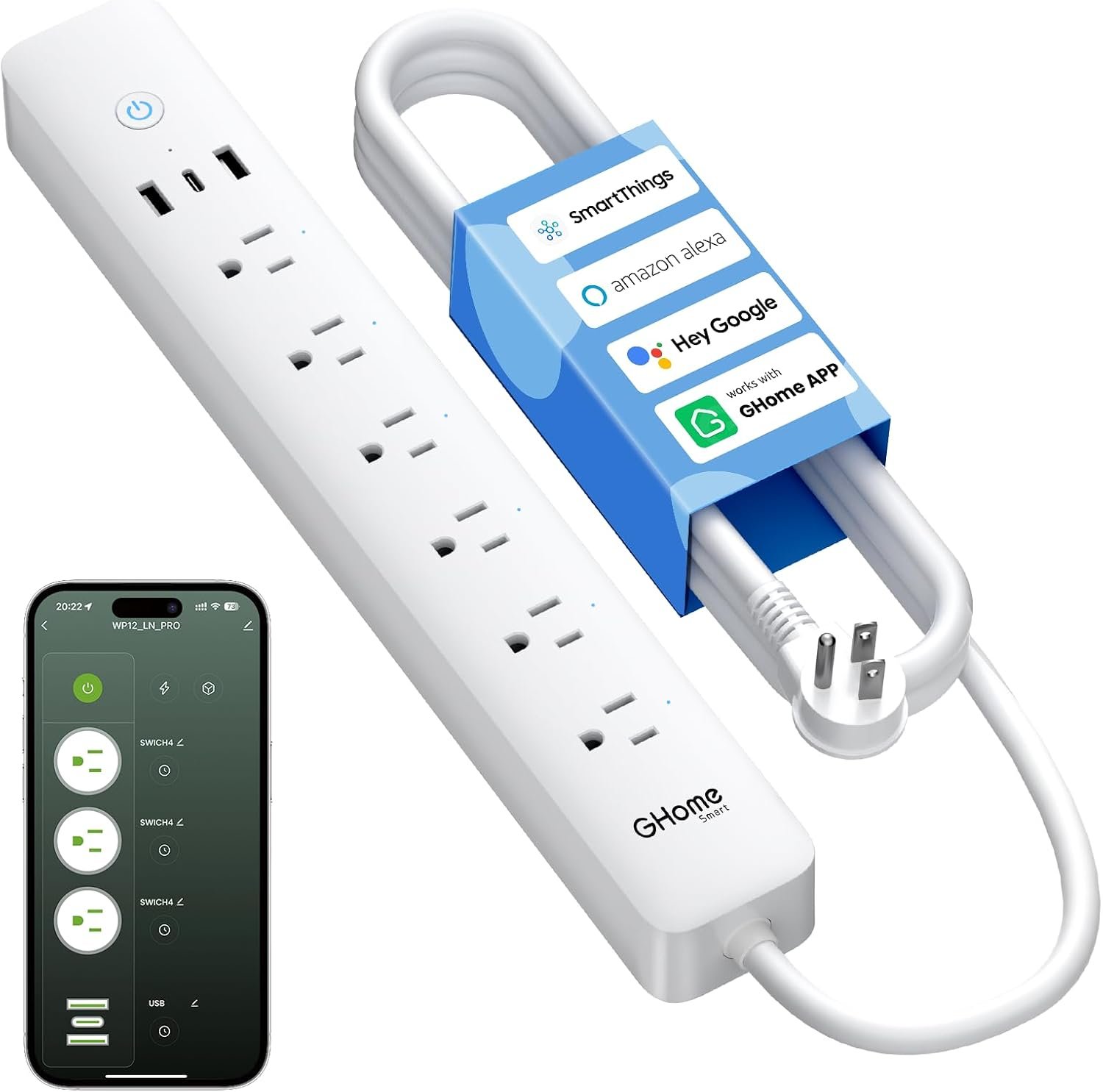 GHome Smart Plug Power Strip, WiFi Surge Protector with 6 Individually Controlled Smart Outlets, 3 USB Ports (2 USB-A and 1 USB-C), Works with Alexa Google Home, 2.4Ghz Only, No Hub Needed, White