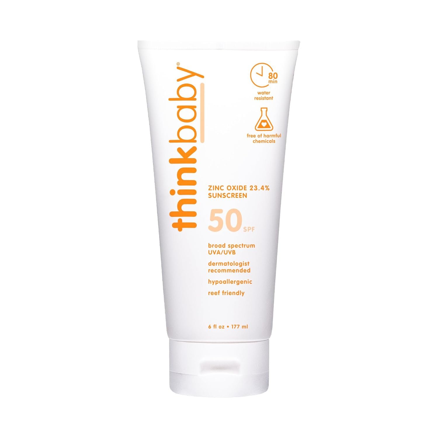 Thinkbaby Baby Sunscreen SPF 50+, Mineral Formula, Water Resistant, 6 Oz