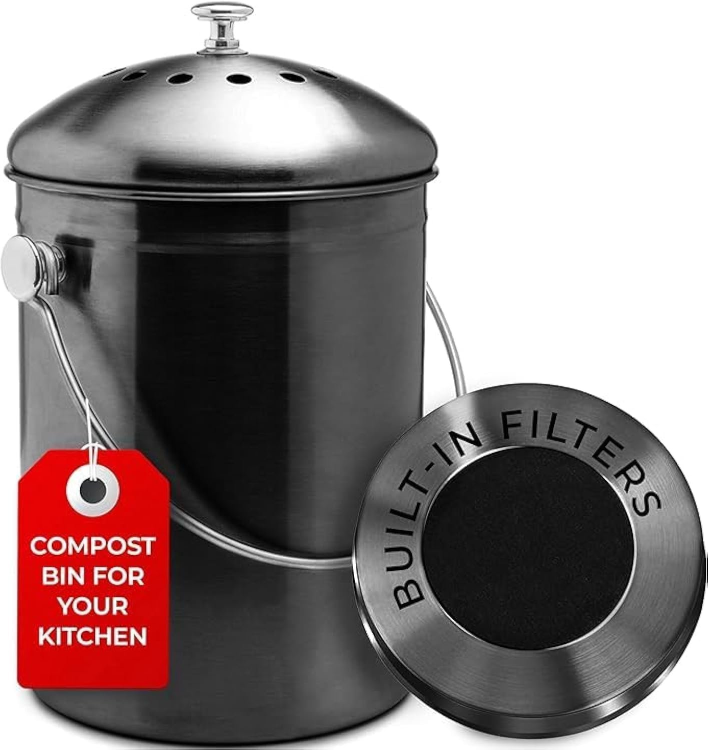 Epica Kitchen Compost Bin for Kicthen Countertops, 1.3 Galllon – Black