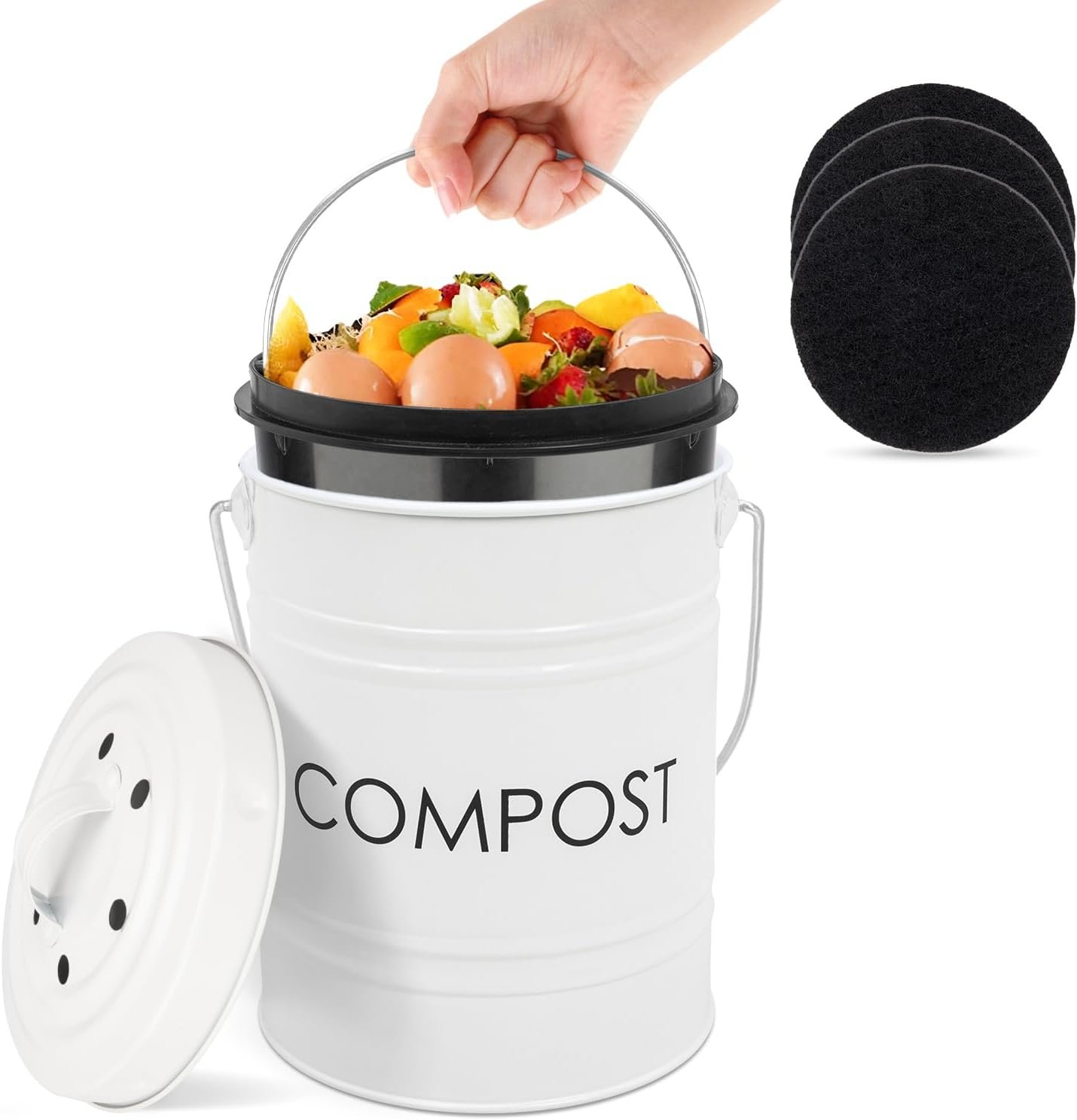 MUMTOP Compost Bin for Kitchen Countertop,1.3 Gal Metal Compost Container | Indoor Compost Bucket with Lid Includes Inner Bucket Liner & 3 Carbon Filter, Controls Odors And Collecting Food Scraps,White