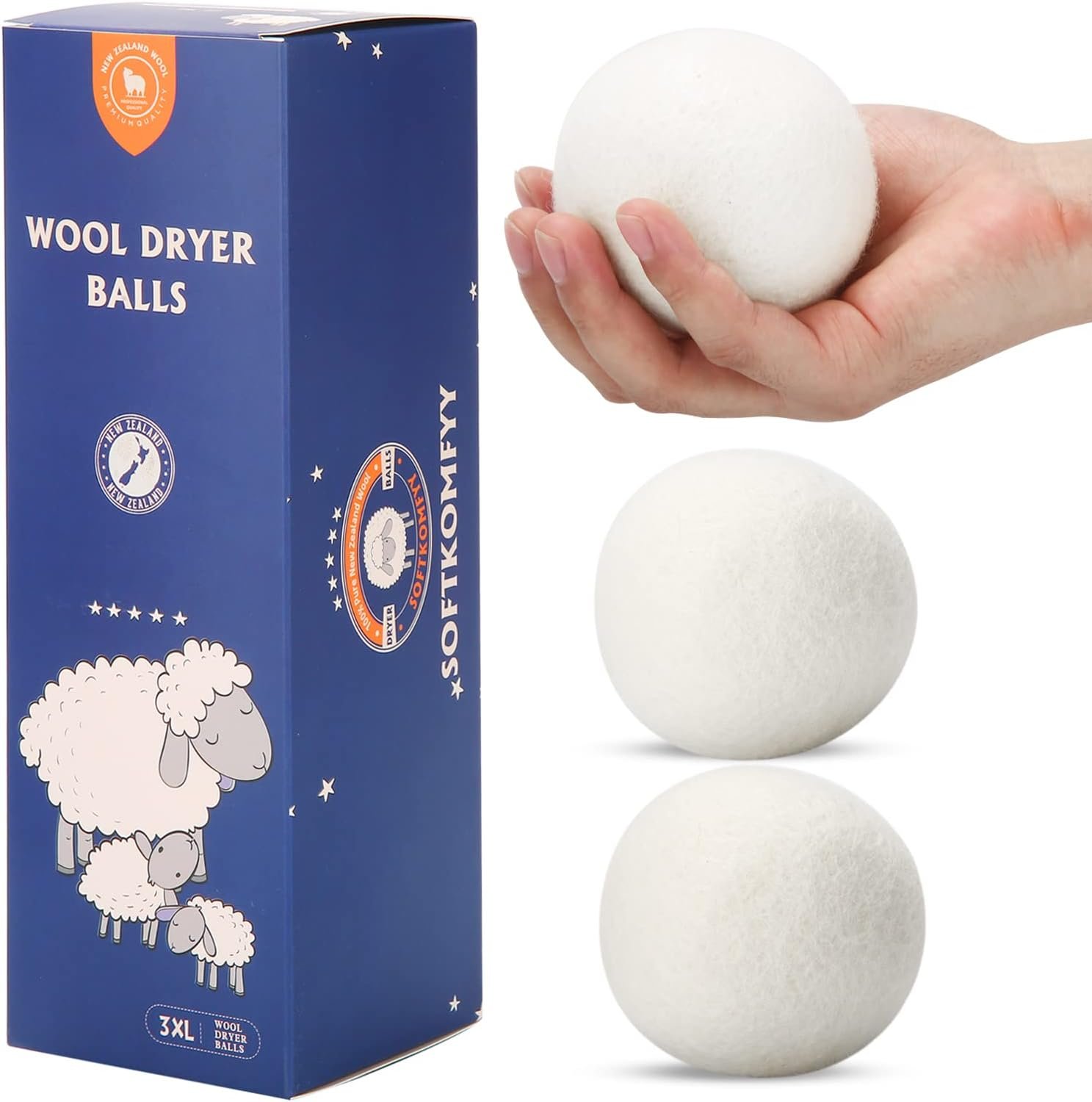 Wool Dryer Balls Handmade 3 Pack XL,Laundry Dryer Balls,100% New Zealand Wool Natural Fabric Softener,Reusable 1000 Loads,Wrinkles Free, Shorten Drying Time,Baby Safe (3 Pack,White) | Handmade,Reusable,Long-term Use,Fragrance free