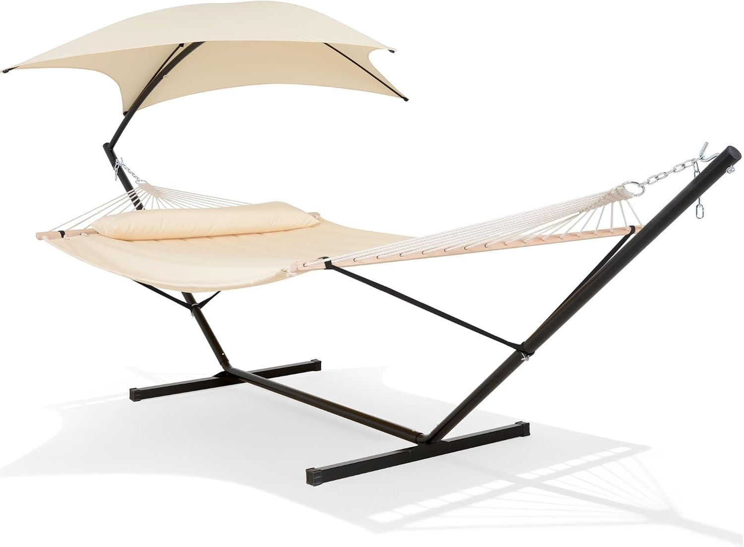 Portable Outdoor Hammock with Stand, Sun-Protective Canopy, Beige | Double Hammock with Stand for Outside, Patent Pending