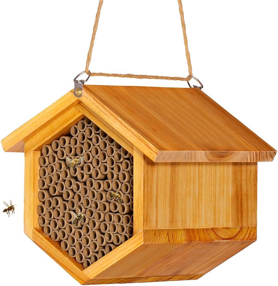 Mason Bee House Wax Coated Bee Hotel, Pollinator House,Natural Handmade Wooden Mason Bee Hotel for Pollinating Bees Garden Supplies