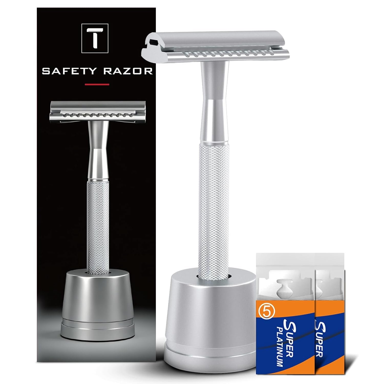 Double Edge Safety Razors for Men, Reusable Single Blade Razor | Stainless Steel Shaving Razor Kit, Includes 10 Blades & 1 Stand, Smooth Close Shave, Classic Grooming Tool, Gifts for Men